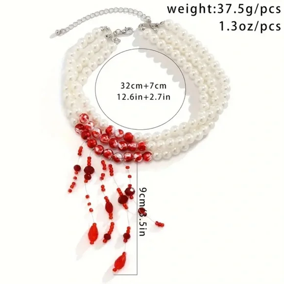 Elegant Pearl and Red Bead Faux Blood Vampire Necklace - Picture 2 of 2